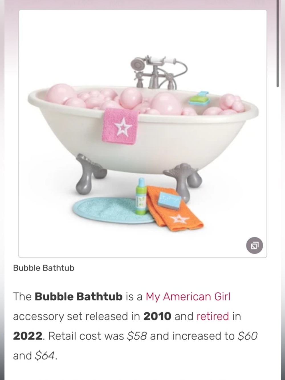 American Girl Pink Bubble Bathtub Set with Blue and Orange Accessories